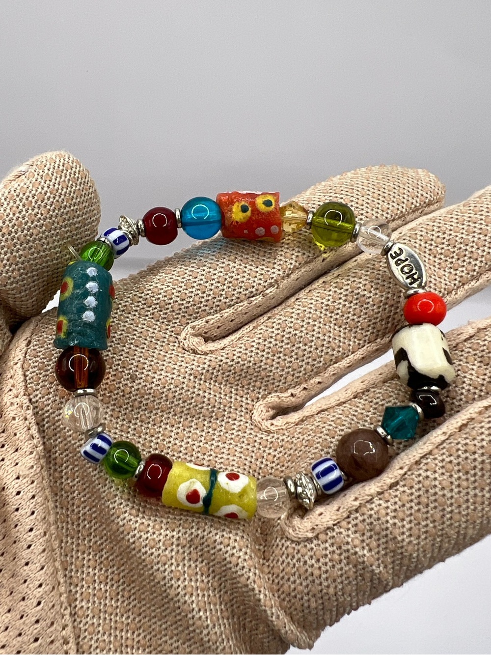 Vintage African Glass Trade Bead Stretch Bracelet - Multicolor Boho Hope